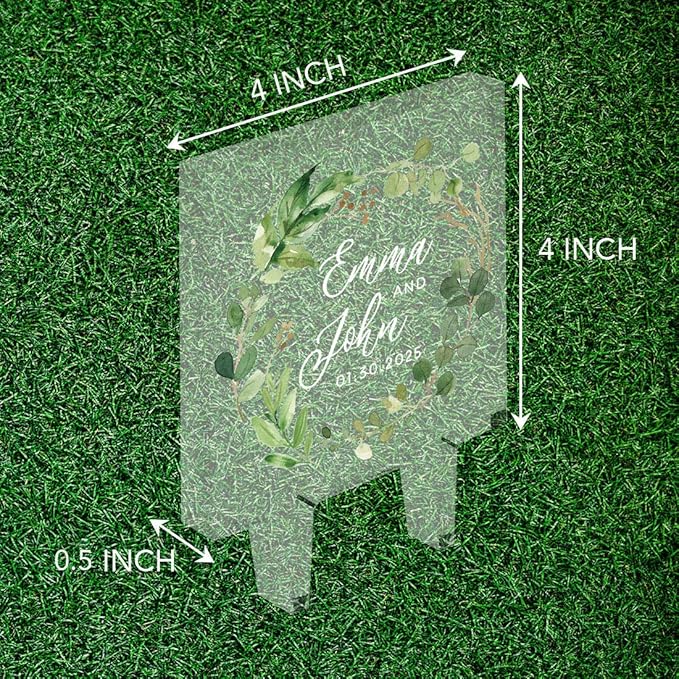 Andaz Press Eucalyptus Wreath Custom Wedding Cake Topper, Acrylic Square Personalized Couple Cake Topper