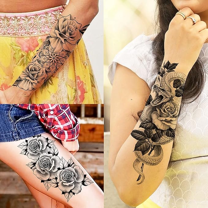COKTAK 59 Sheets Sexy 3D Rose Flower Temporary Tattoos For Women Girls Arm Neck, Snake Floral Sunflower Leaf Peony Fake Tattoo Sticker Adult, Black Realistic Temp Tatoos Moon Dandelion Butterfly Thigh