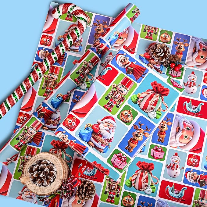 Vnaaem Funny Christmas Wrapping Paper Roll - Xmas Santa Claus, Reindeer, Nutcracker, Snowman Design Gift Wrap for Holiday Party Celebration, DIY Craft - 17 In X 20 Ft(Total 28.5sq.ft)