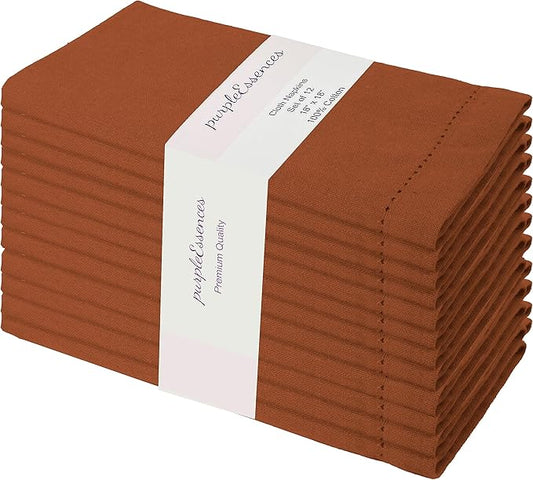 PurpleEssences Rust Set of 12 Hemstitch Cloth Dinner Napkins 100% Cotton - Soft Durable Washable - Ideal for Wedding Christmas Holiday Winter - Perfect Everyday Use Table Linen 18x18 - Rust