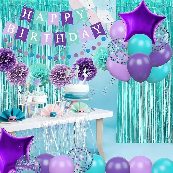 Mermaid Birthday Decorations Purple Teal Blue Party Balloons Happy Birthday Banner Dots Garland Purple Turquoise Green Fringe Curtain Pompom Swirls for Girl Women Baby Shower Party Decoration