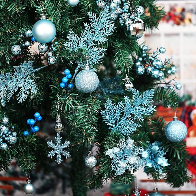 Sratte 94 Pcs Christmas Tree Decorations Set, Christmas Tree Ball Ornaments Glitter Poinsettia Flowers Decorations Glitter Berries Stems for Xmas Holiday Wedding(Blue)
