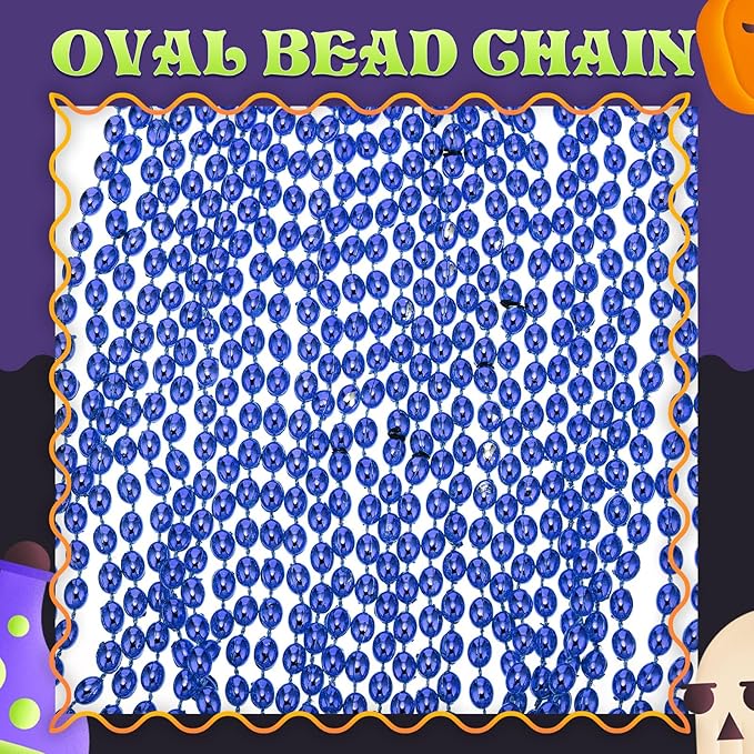 Riceshoot 200 Pcs Blue Bead Necklace Bulk Mardi Gras Oval Beads Necklace Party Favors 33" 7mm Metallic Color Beaded Costume Necklaces for Halloween Christmas Festive Event Accessories