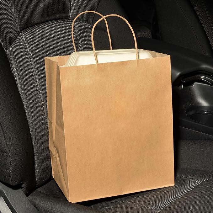 Prime Line Packaging Brown Paper Bags, Medium Shopping Bags with Handles for Small Business, To Go Food, Grocery, Retail, Party Favors, 10x6.75x12, 50 Pack