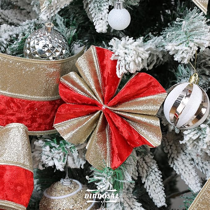 Red Velvet Wired Christmas Ribbon 4 Inch Extra Wide Thick Red and Gold Glitter Holiday Ribbon – 10-Yards Roll for Tree Decorations, Gift Wrapping, Wreaths, and DIY Crafts