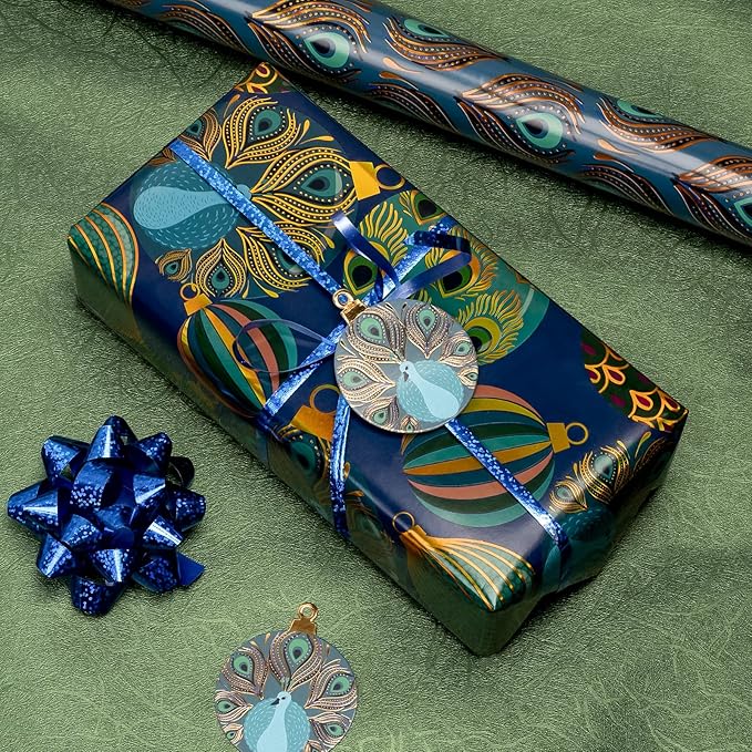 WRAPAHOLIC Peacock Christmas Wrapping Paper Set - Green Peacock Elements Patterns with Metallic Foil Shine Wrapping Paper Bundle with Gift Bow & Ribbon & Tag & Sticker