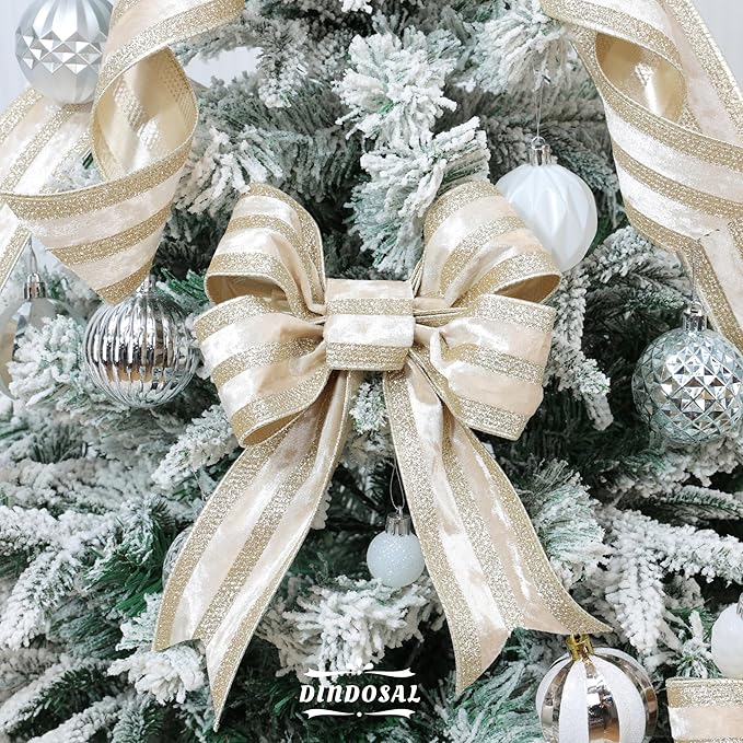 Champagne Velvet Wired Ribbon with Glitter Stripe 2.5 Inch Crushed Velvet Christmas Ribbon, 10 Yards for Gift Wrapping, Crafts, Christmas Tree Decorations, Wreaths, Garlands