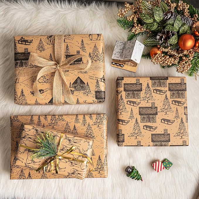 RUSPEPA Kraft Wrapping Paper Rolls - 17 inches x 10 feet per Roll, Total of 4 Rolls, Black Sketch Design