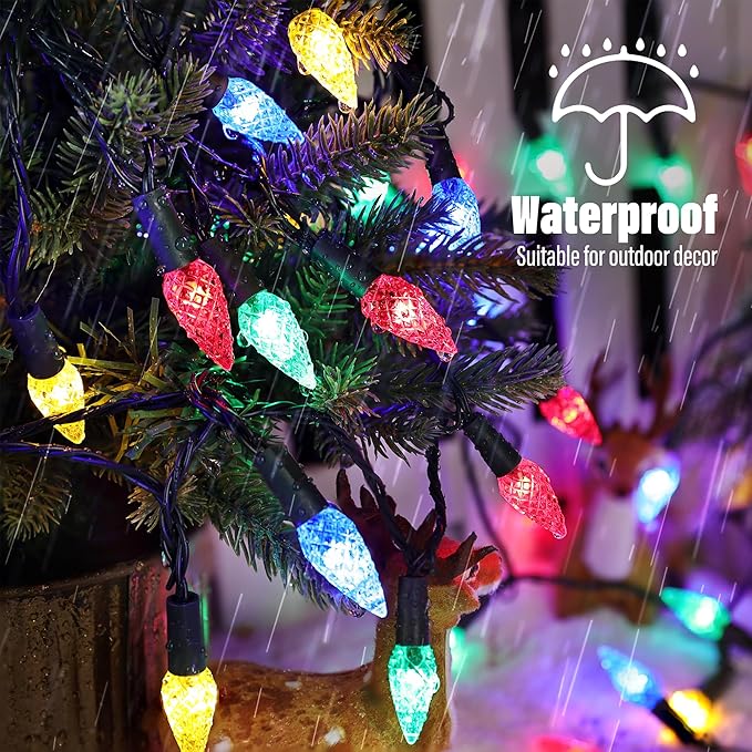 iBaycon Solar C6 Christmas Lights Outdoor, 48FT 100LED C6 Strawberry String Light, 8 Modes Solar Powered Lights String for Xmas Tree House Eaves Roof Christmas Holiday Decorations
