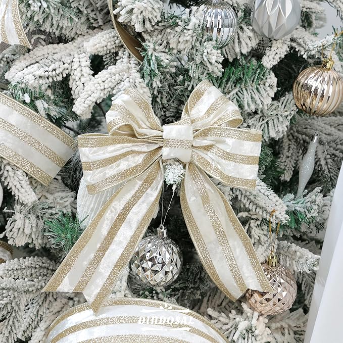 Ivory Velvet Wired Ribbon with Champagne Glitter Stripe 2.5 Inch Crushed Velvet Christmas Ribbon, 10 Yards for Gift Wrapping, Crafts, Christmas Tree Decorations, Wreath Supplies, Garlands