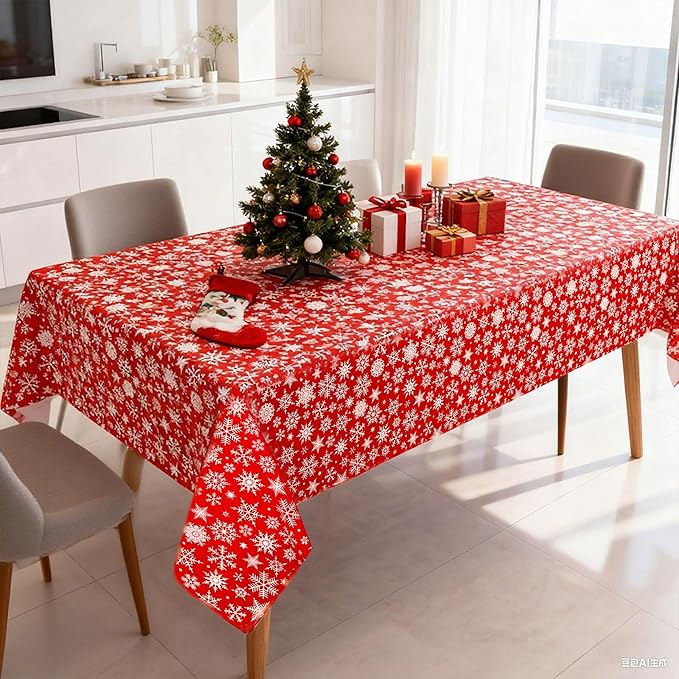 Mornajina 4 Packs 108 x 54 Inch Snowflake Tablecloth Merry Christmas Party Tablecloth Decorations Disposable Rectangle Plastic Snowflake Table Cloth (Red)