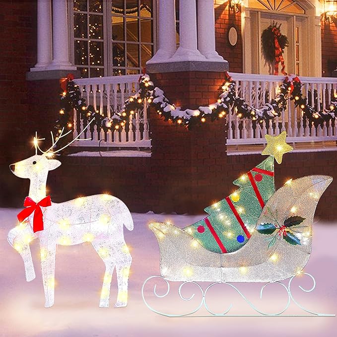 ATDAWN Lighted Christmas Reindeer Sleigh Yard Decoration, 50 Lights Christmas Deer Outdoor Decoration, Light Up Display