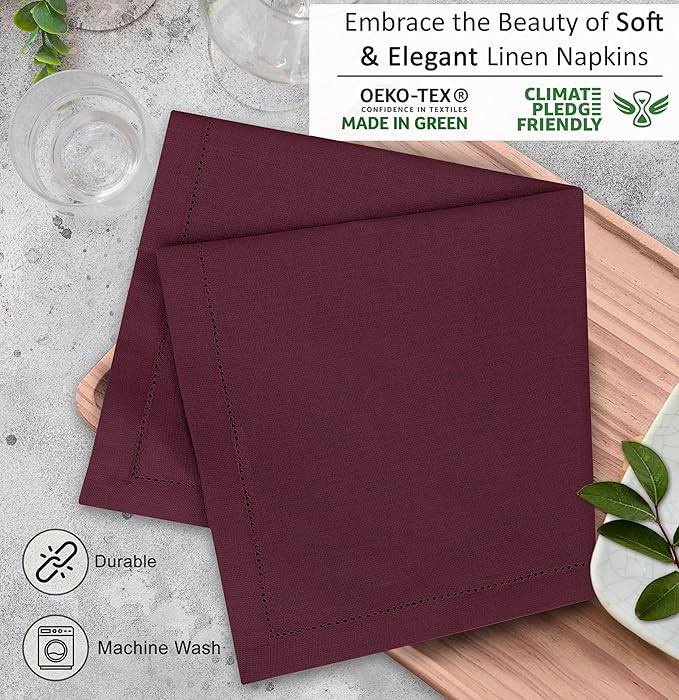 Ruvanti Premium Linen Napkins Set of 12-20x20 Inch, Classic Hemstitch, Mitered Corner Cloth Napkins ‎‎- Soft, Elegant Dinner Napkins Cloth Washable for Weddings, Parties, Everyday Use - Burgundy
