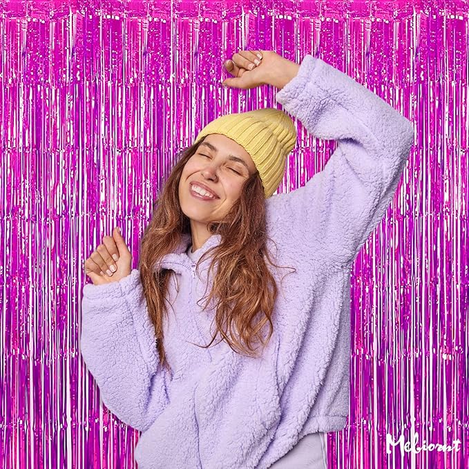 4 Pack Fuchsia Fringe Curtain Backdrop, 3.2Ft x 9.8Ft Metallic Tinsel Foil Fringe Streamers Background for Photo Booth Birthday Wedding Baby Shower Carnival Easter Mother’s Day Party Decorations