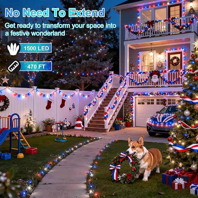 470FT 1500LED Christmas Lights, 12 Modes Red Blue and White Outdoor String Lights with Timer & Dimmable, Waterproof Green Wire Christmas String Lights for Indoor Tree Xmas Patio Fence Wedding Party