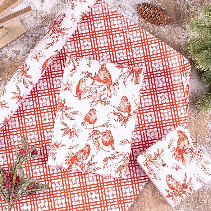 RUSPEPA 30" X 32.8' Reversible Christmas Wrapping Paper Roll, Jumbo Roll, Vintage Red Botanical Bird and Pinecone Design, Red White Plaid Gift Wrap for Girls, Family, Friends, Xmas Holiday Gifts