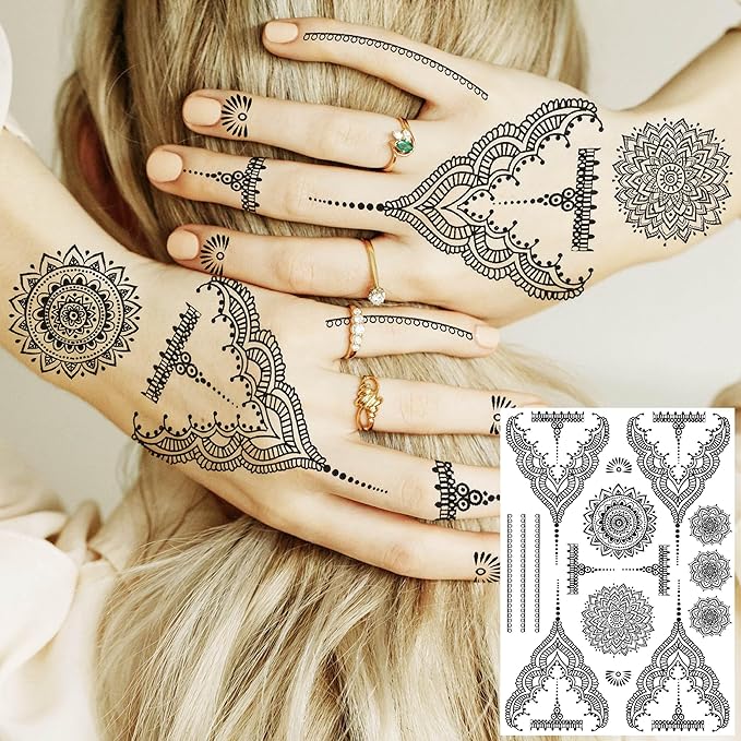 4 Sheets Vintage India Sexy Lace Black Mandala Flower Temporary Tattoos For Women Hand Finger Girls Adults Sets Kits, Wedding Bridal Fake Jewels Tattoo Sticker Lotus Stencils, Party Favor Supplies