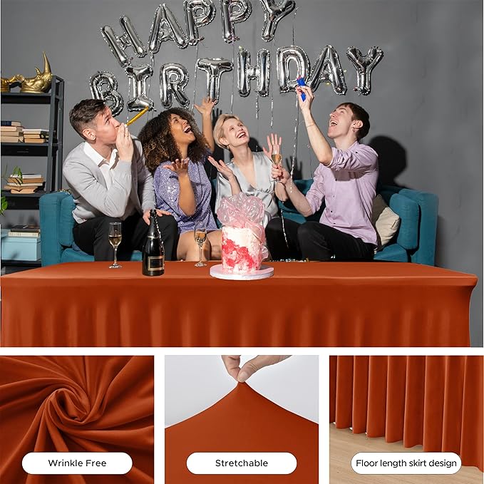 HolidayIdeas 2 Pack Spandex Table Skirts for 6 Foot Rectangle Table, Fitted Stretch 30x72 Inch Cover for Thanksgiving Decorations, Vendor Events, Rust