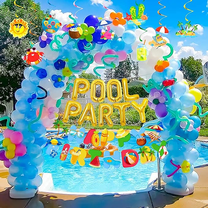 Summer Pool Beach Party Decoration, Pool Party Birthday Bash Party Decorations Tropical Balloons Banner for Kids Swimming Water Luau Tropical Hawaii Party Decoration Supplies