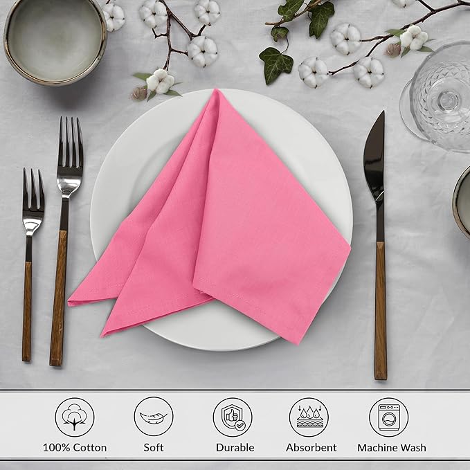 Ruvanti Cloth Napkins Set of 6, 18x18 Inches, 100% Cotton, Washable, Soft & Absorbent, Perfect for Wedding, Christmas, ‎Thanksgiving Dinners - Pink