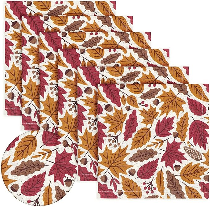 PurpleEssences Fall Harvest Decor Thanksgiving Napkins, 18x18 Fall Cloth Napkins Set of 6, 100% Cotton Autumn Leaves Dinner Napkins for Farmhouse Kitchen, Fall Garden