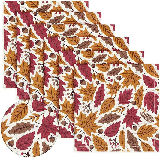 PurpleEssences Fall Harvest Decor Thanksgiving Napkins, 18x18 Fall Cloth Napkins Set of 6, 100% Cotton Autumn Leaves Dinner Napkins for Farmhouse Kitchen, Fall Garden