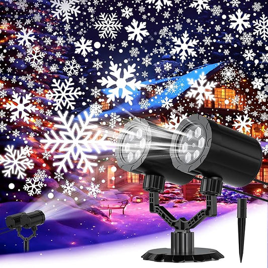 Christmas Projector Lights Outdoor, GUSODOR Dynamic Snowflake Projector IP65 Waterproof 360°Rotating LED Projection Lights for Indoor Outdoor Christmas Decoration, Holiday, Yard Decor-Dual-Head A