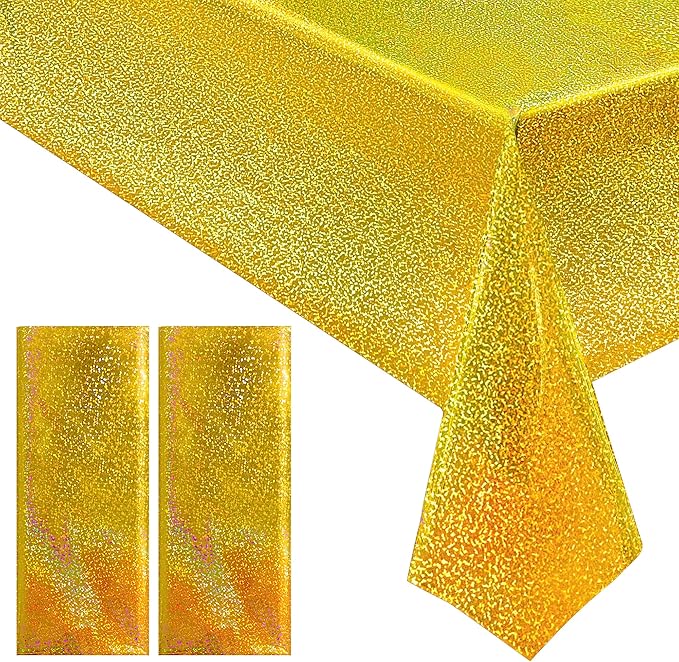 2 pcs Gold Holographic Party Tablecloths 40" x 108" Laser Shiny Table Cloths Plastic Glitter Foil Table Cover for Christmas Wedding Graduation Baby Shower 1920s Birthday Party Anniversary Supplies