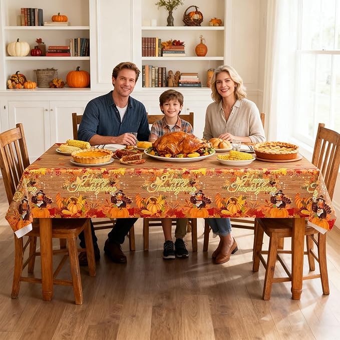 Mornajina 4 Packs 108 x 54 Inch Thanksgiving Fall Leaf Tablecloth Disposable Autumn Maple Leaf Table Cover Rectangle Plastic Table Cloth for Thanksgiving Decoration (Turkey)