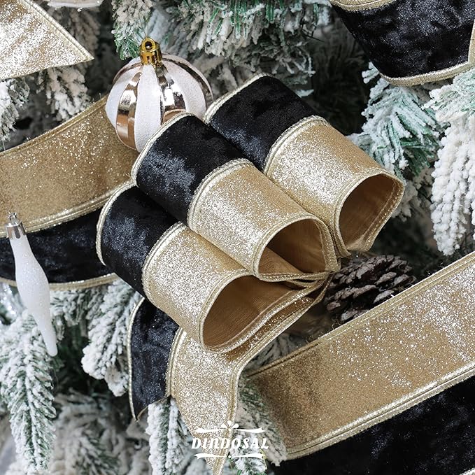 Black Velvet Wired Christmas Ribbon 4 Inch Extra Wide Thick Black and Gold Glitter Holiday Ribbon – 10-Yards Roll for Tree Decorations, Gift Wrapping, Wreaths, and DIY Crafts