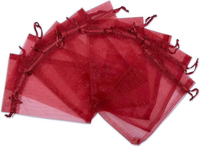 TheDisplayGuys 48-Pack 3x4 Maroon Sheer Organza Gift Bags with Drawstring, Jewelry Candy Treat Wedding Party Favors Mesh Pouch