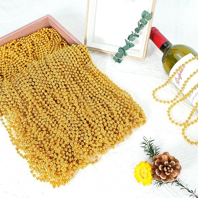 100 PCS Gold Bead Necklace, Gold Mardi Gras Christmas Beads Necklaces 33" Metallic Beaded Costume Necklaces Party Necklaces for Mardi Gras Parade Throws Wedding Birthday Pirate Party Favors
