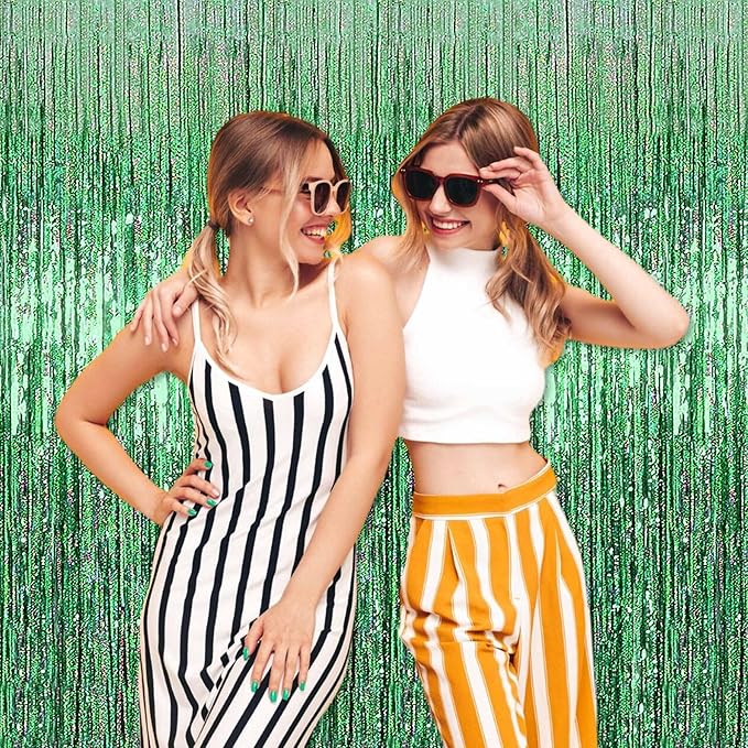 3 Pack Light Green Foil Fringe Curtains Backdrop, 3.28 x 8.2 Ft Metallic Streamers Tinsel Curtains Background for Photo Booth, Birthday, Christmas, Halloween, Thanksgiving, New Year Party Decorations