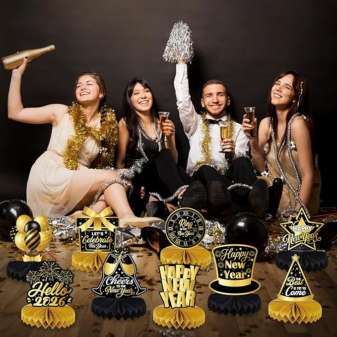 New Years Eve Table Centerpieces 2026 - Black and Gold Honeycomb Table Decorations, New Year's Eve Party Supplies for 2026 NYE Celebration