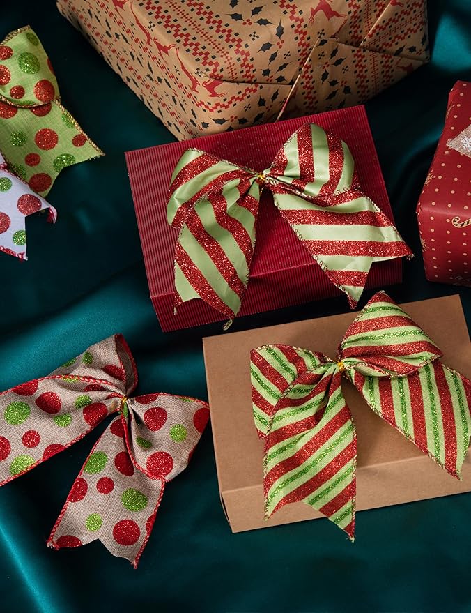SIMISI RIBBON Christmas Tree Bows Wreaths Graland Xmas Party Decorations Red Green Polka Dot Ornaments (6 * 6 Inches, 12 Pcs)