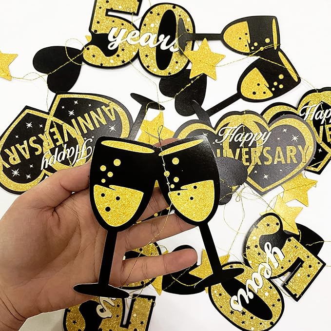 52 Ft Black Gold Happy Anniversary 50 years Heart Garland Streamer Twinkle Star Heart Cheers Number Fifty Hanging Paper Banner Backdrop for Fiftieth 50th Wedding Anniversary Party Decorations Supplies