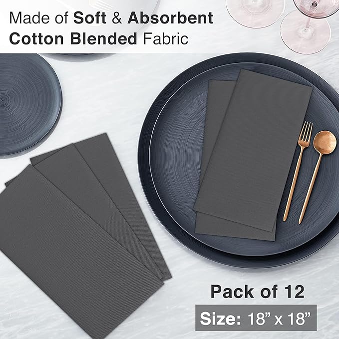 Ruvanti Cloth Napkins Set of 6, 18x18 Inches Napkins Cloth Washable, Soft, Durable, Absorbent, Cotton Blend. Table Dinner Napkins Cloth for Hotel, Lunch, Restaurant, Wedding Parties - Dark Grey