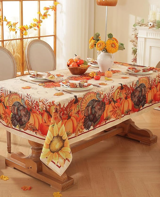 Honellaty Thanksgiving Rectangle Table Cloth 60x120 Inch, Fall Turkey & Pumpkin Tablecloth for Dinner, Thanksgiving, Harvest, Holiday Decor