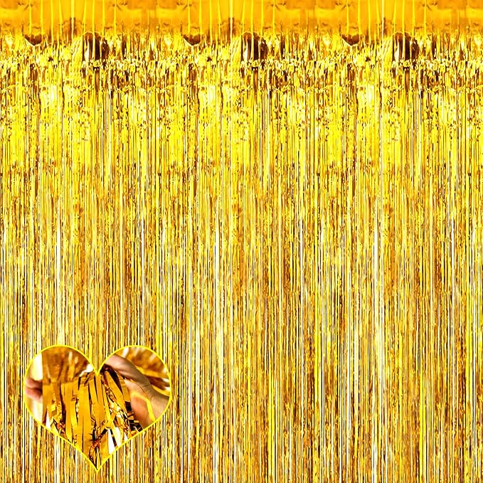 4 Pack Gold Fringe Curtain Backdrop, 3.2Ft x 9.8Ft Metallic Tinsel Foil Fringe Streamers Background for Photo Booth Birthday Wedding Baby Shower Carnival Easter Mother’s Day Party Decorations