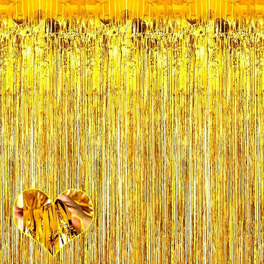 4 Pack Gold Fringe Curtain Backdrop, 3.2Ft x 9.8Ft Metallic Tinsel Foil Fringe Streamers Background for Photo Booth Birthday Wedding Baby Shower Carnival Easter Mother’s Day Party Decorations