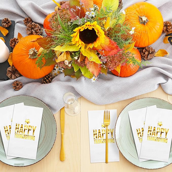 100pcs Thanksgiving Cocktail Napkins,Disposable Napkins with Happy Thanksgiving Gold Foiled,Fall Dinner Guest Paper Hand Towels for Autumn Harvest Thanks Theme Party Decorations,7.9 * 4.3inch