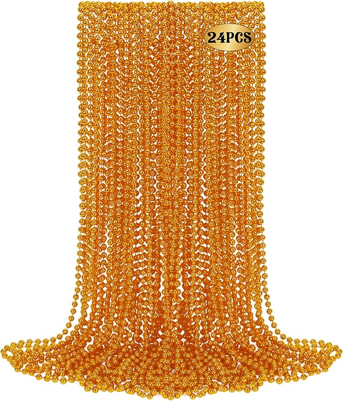 24 PCS Mardi Gras Beads Necklaces, Orange Mardi Gras Party Favors, 33" Metallic Color Round Beaded Costume Necklaces for Parade Throws, Beaded Accessory Set for Carnival Holiday Events