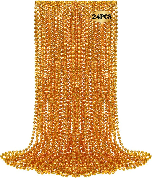 24 PCS Mardi Gras Beads Necklaces, Orange Mardi Gras Party Favors, 33" Metallic Color Round Beaded Costume Necklaces for Parade Throws, Beaded Accessory Set for Carnival Holiday Events