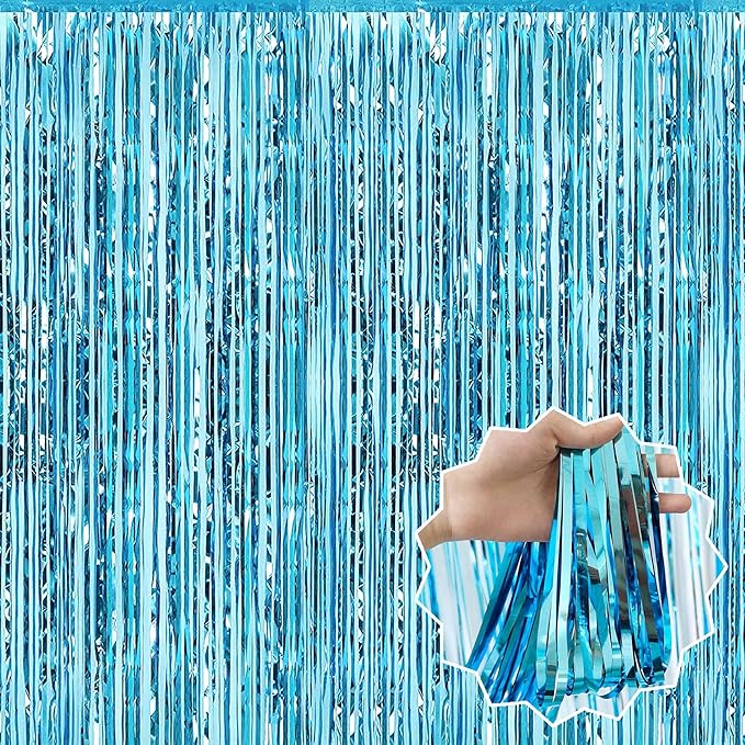 3 Pack Light Blue Foil Fringe Curtains Backdrop, 3.28 x 6.6 Ft Metallic Streamers Tinsel Curtains Background for Photo Booth, Birthday, Halloween, Christmas, Thanksgiving, New Year Party Decorations