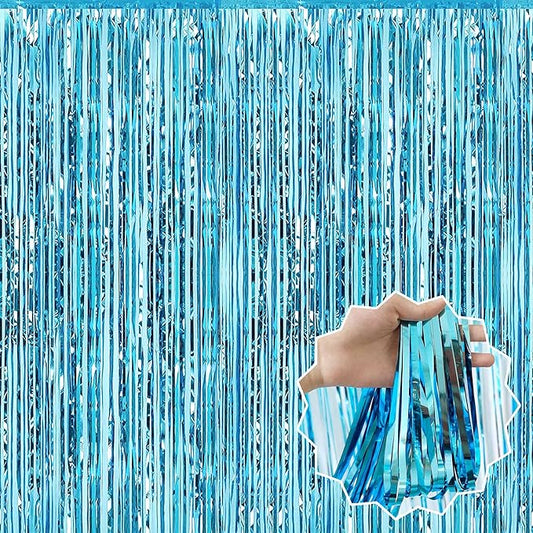 3 Pack Light Blue Foil Fringe Curtains Backdrop, 3.28 x 6.6 Ft Metallic Streamers Tinsel Curtains Background for Photo Booth, Birthday, Halloween, Christmas, Thanksgiving, New Year Party Decorations