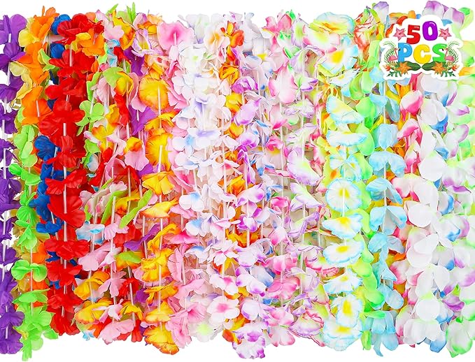 Hawaiian Leis Party Decorations, 50PCS Leis for Luau Party Decor, Colorful Tropical Theme Silk Flower Bulk, Hawaii Flower Lays Garland Summer Pool Birthday Parties Favors Supplies Accessories