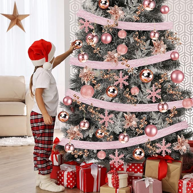 Sratte 94 Pcs Christmas Tree Decorations Set, Christmas Tree Ball Ornaments Glitter Poinsettia Flowers Decorations Glitter Berries Stems for Xmas Holiday Wedding(Rose Gold)