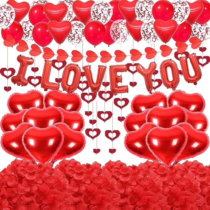 Valentine's Day Decorations 2 Set Red I LOVE YOU Balloons - 1200pcs Red Artificial Rose Petals 16" Letter Balloons 18" Heart Foil Balloons Latex balloons 10 heart balloons Hanging Swirls Heart Banner