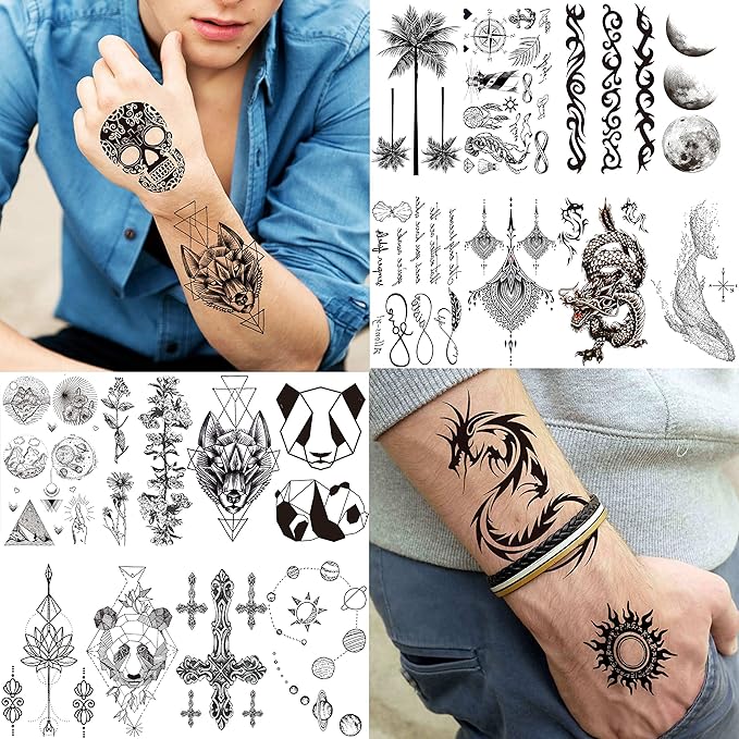 66 Sheets 3D Small Black Temporary Tattoos For Women Men Waterproof Fake Tattoo Stickers For Face Neck Arm Children Flower Birds Star Realistic Tatoo Kits For Boy Girls Adults