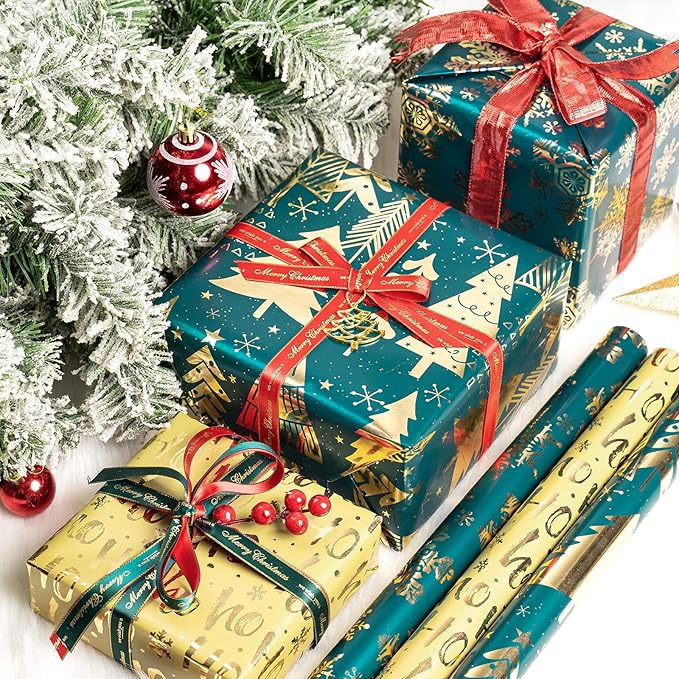 MAYPLUSS Christmas Wrapping Paper Roll - Mini Roll - 17 inch X 120 inch Per roll - 3 Different Dark Green with Glitter Metallic Foil Design(42.3 sq.ft.ttl) for Party St.Patrick's Day